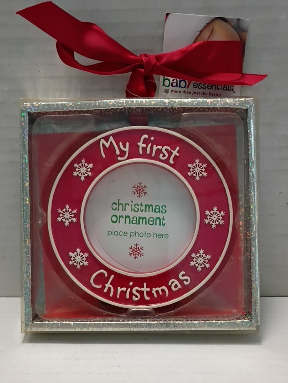 Baby Essentials Pink "My First Christmas" Photo Ornament New Sealed
